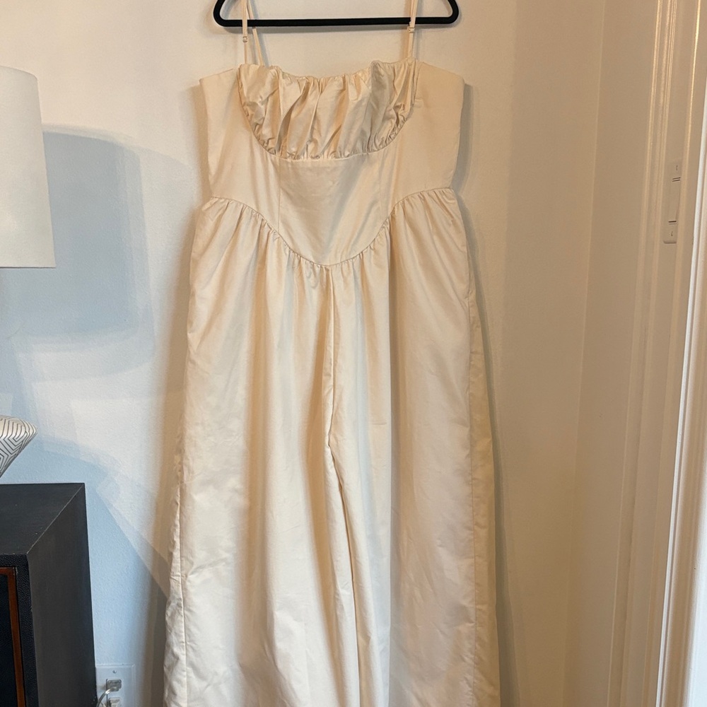 PrettyLittleThing Cream Satin Strapless Jumpsuit